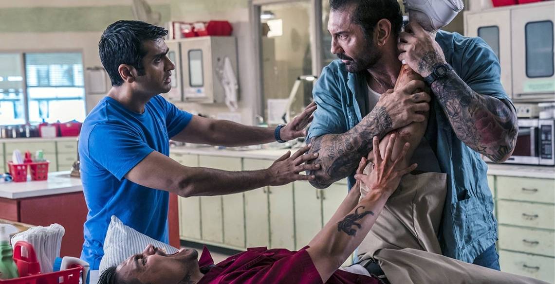 Stuber promotional image with Kumail Nanjiani and Dave Bautista