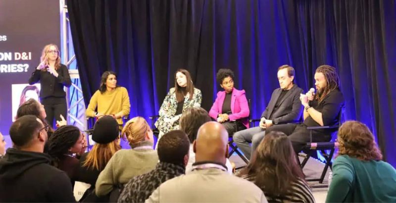 Pictured L-R are ASL interpreter (standing); Moderater Britt Stephens, Celebrity & Entertainment Editor, Pop Sugar; Shoshannah Stern, Creator, Executive Producer, writer and star of Sundance TV’s This Close; Shanique Bonelli-Moore, Executive Director of Inclusion, United Talent Agency; John Travis, VP of Brand Marketing, Adobe; and Franklin Leonard, Founder and CEO, The Black List. at the Easterseals Disability Services - But Why Tho
