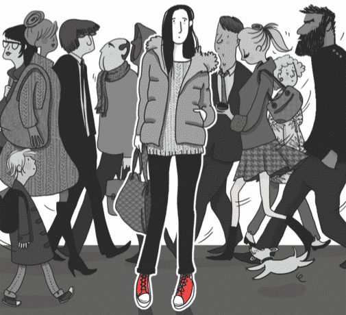 Invisible Differences: A Story of Asperger's, Adulting, and Living A Life In Full Color. Under red text a woman stands facing front. Behind her a crowd of people walks in various directions.