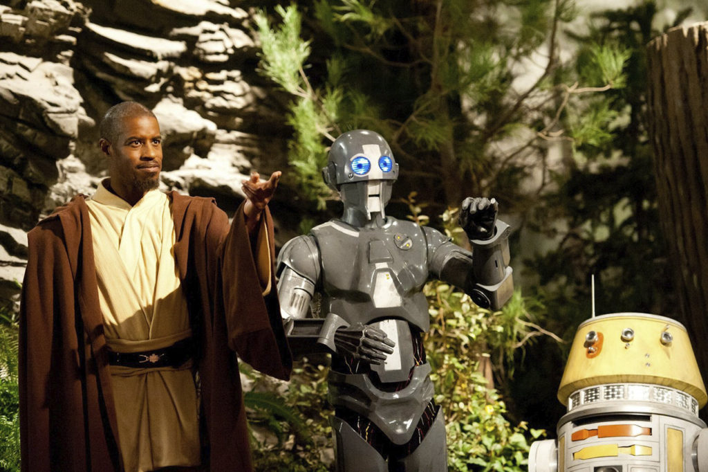 Master Kelleran Beq (Ahmed Best) with his Droid Companions AD-3 (Mary Holland) and LX-R5