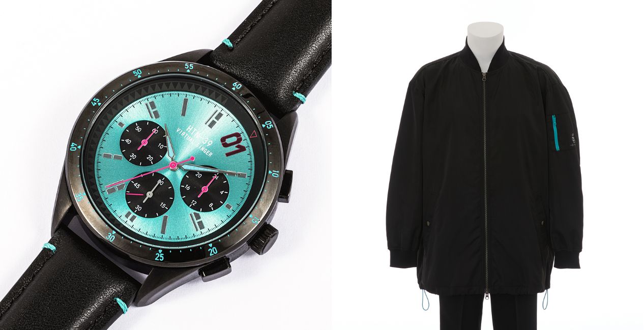 Closeup of Hatsune Miku watch and jacket