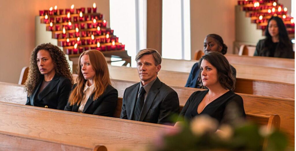 Tawny Cypress, Lauren Ambrose, Warren Kole and Melanie Lynskey in Yellowjackets Season 3
