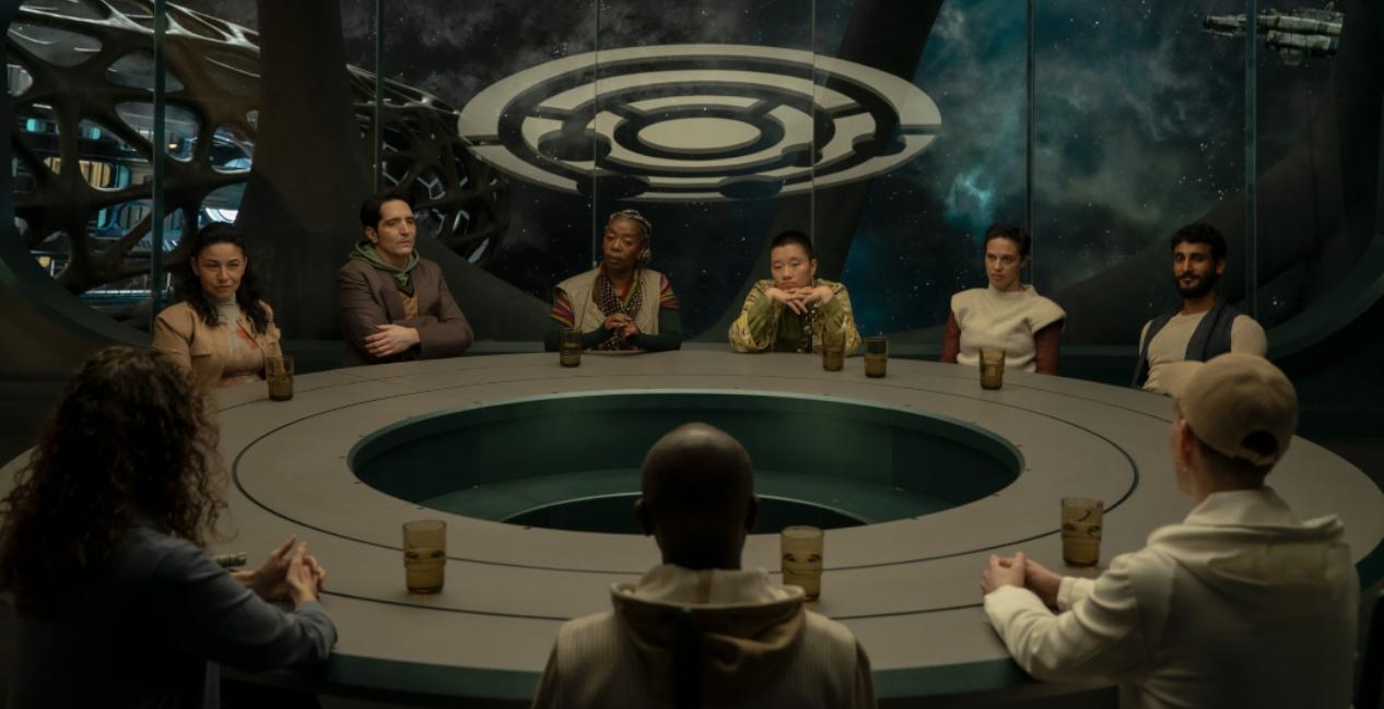 Tamara Podemski, David Dastmalchian, Noma Dumezweni, Sabrina Wu, Tattiawna Jones and Akshay Khanna in Murderbot Season 1 from Apple TV Plus.