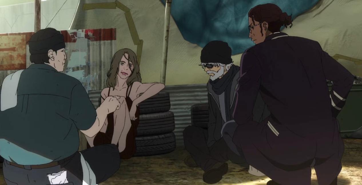Axel and Doug talking to a homeless couple in Shinichiro Watanabe's Lazarus Episode 3 on Adult Swim.
