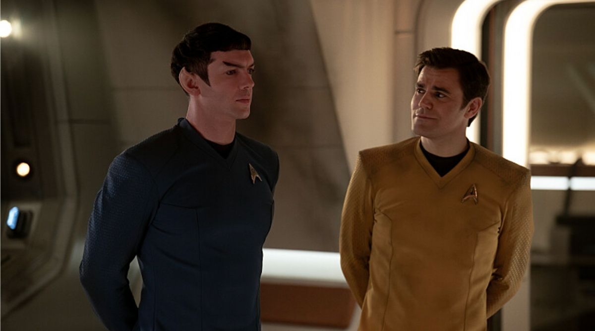 Ethan Peck as Spock and Paul Wesley as Kirk in Star Trek Strange New Worlds Season 3