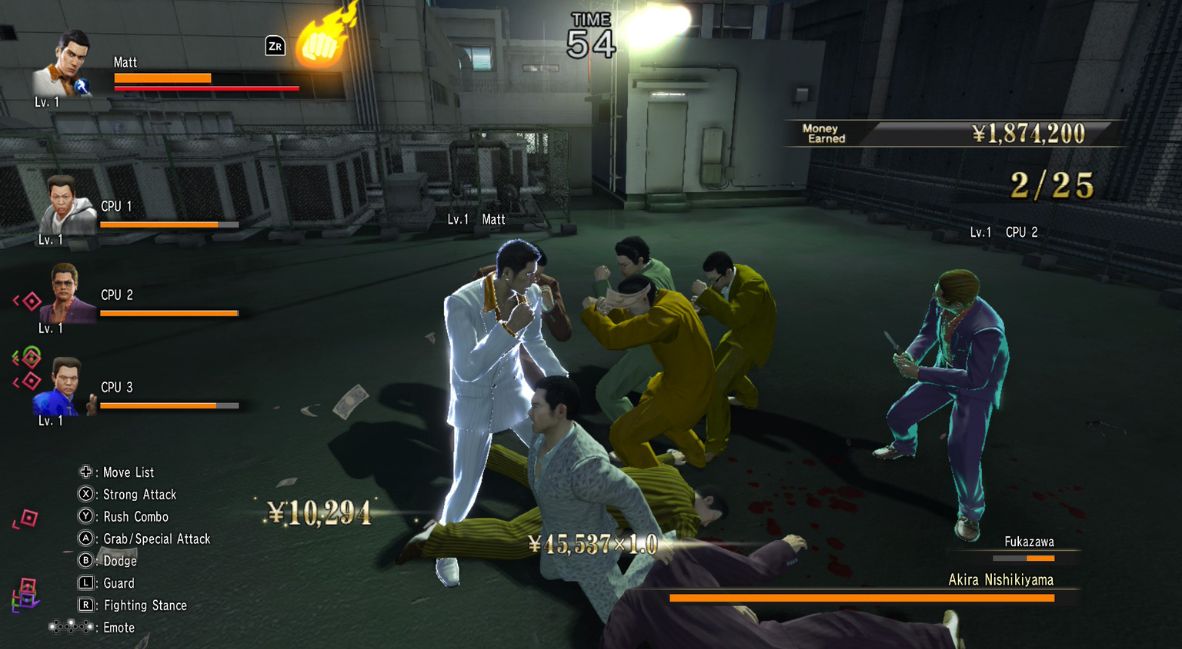 An example of a fight in Red Light Raid mode in the game Yakuza 0 Director's Cut