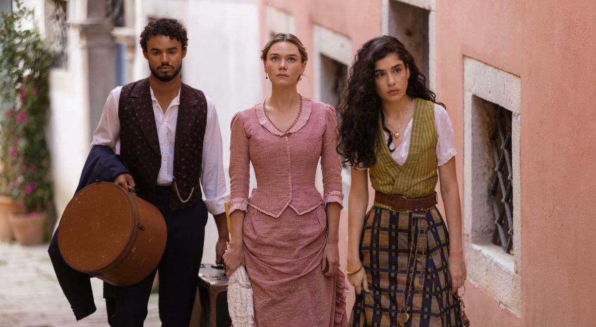 Guy, Jinny, and Paloma in The Buccaneers Season 2