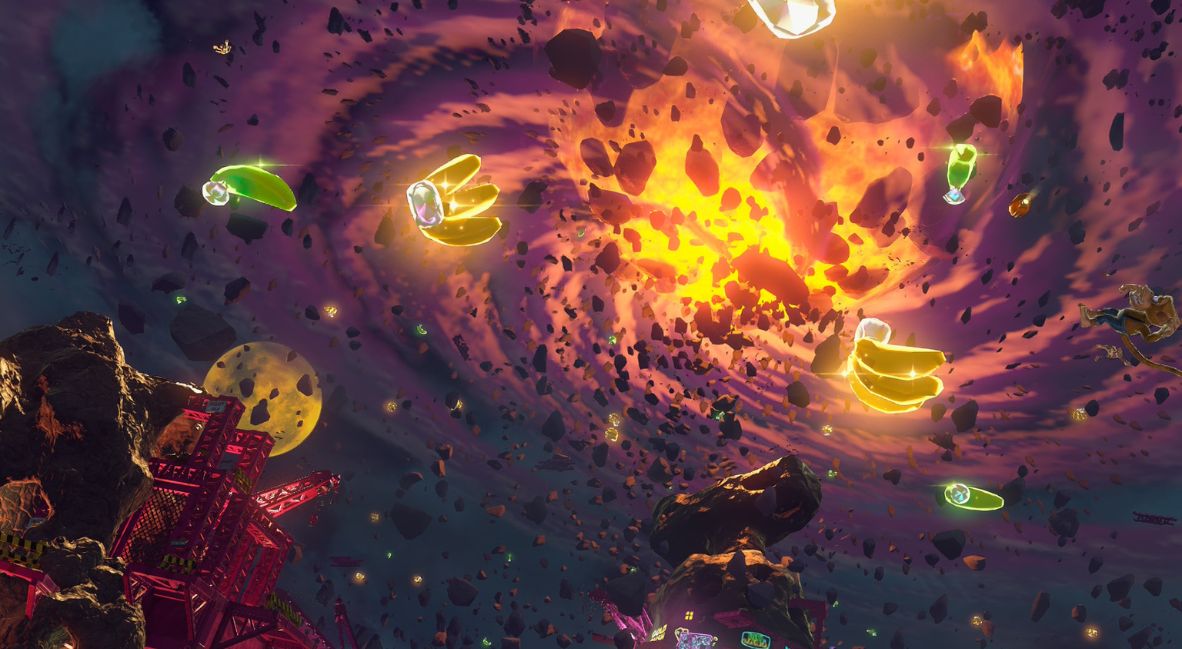 Crystal bananas flying around in Donkey Kong Bananza