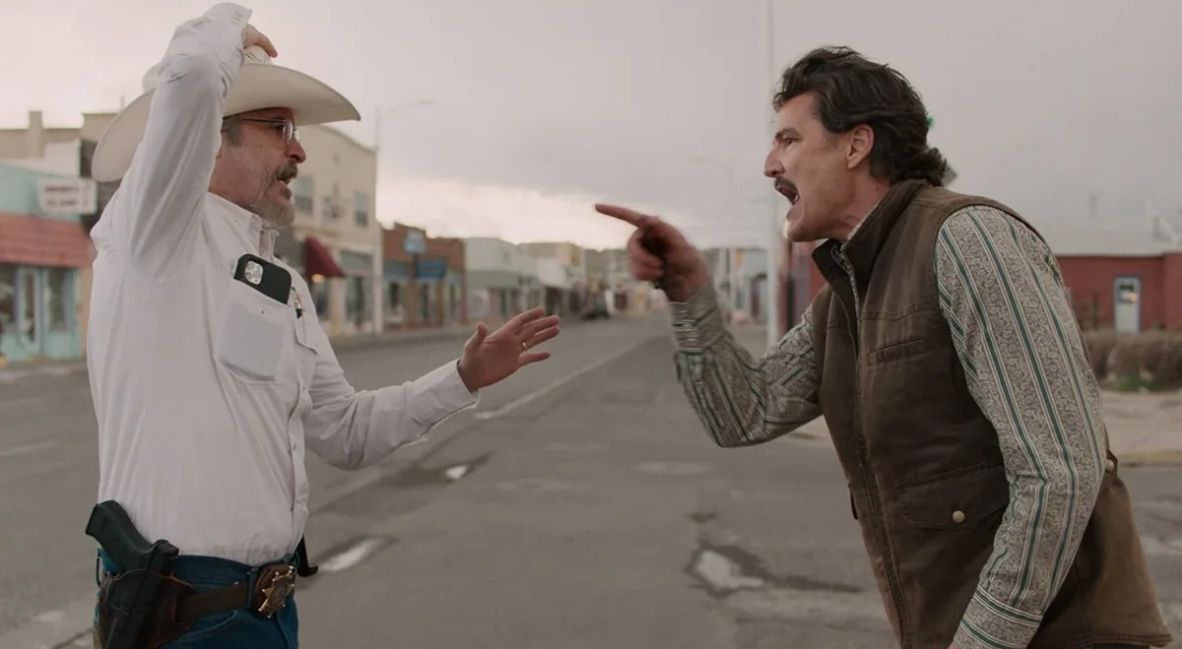 Pedro Pascal and Joaquin Phoenix in Eddington (2025) promotional image from A24 and Ari Aster