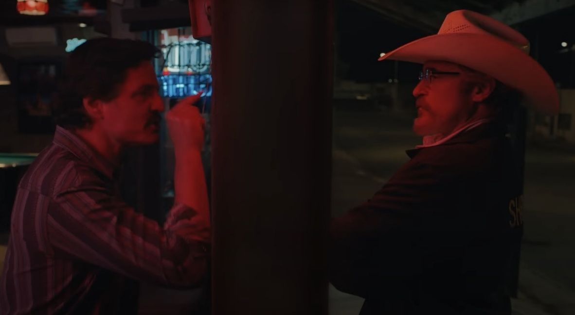 Pedro Pascal and Joaquin Phoenix in Eddington (2025) promotional image from A24 and Ari Aster