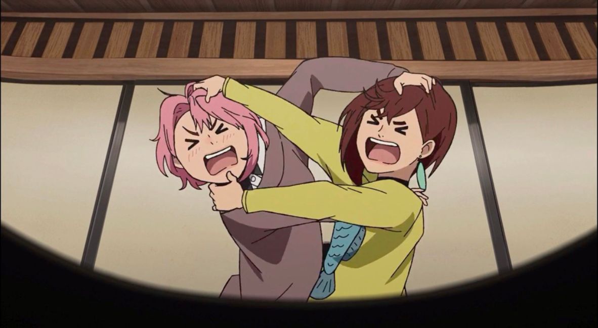 Momo and Aira have a fight while vying for Okarun's affections in Dandadan