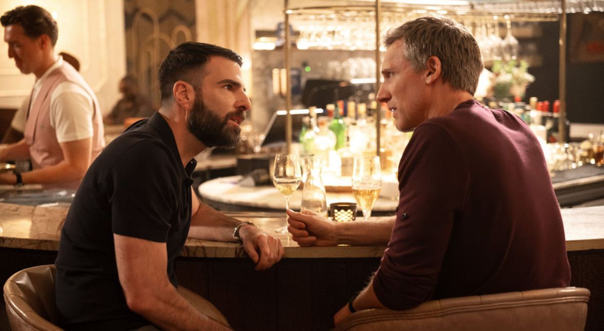 Wolf, played by Zachary Quinto and Josh, played by Teddy Sears, enjoy drinks together in Brilliant Mind Season 2 Episode 2 