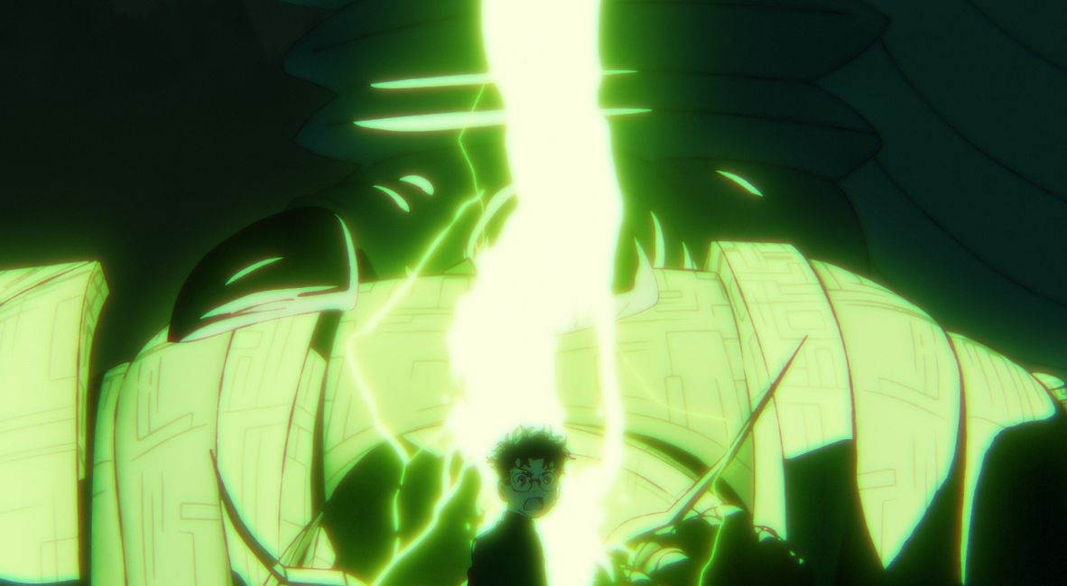 Okarun stands against the fight between the mecha and kaiju 
