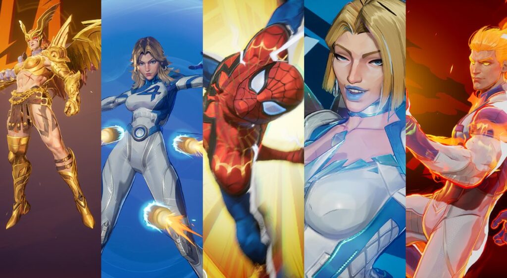 Key art featuring Angela, the Invisible Women, Spider-Man, Emma Frost, and the Human Torch in the game Marvel Rivals