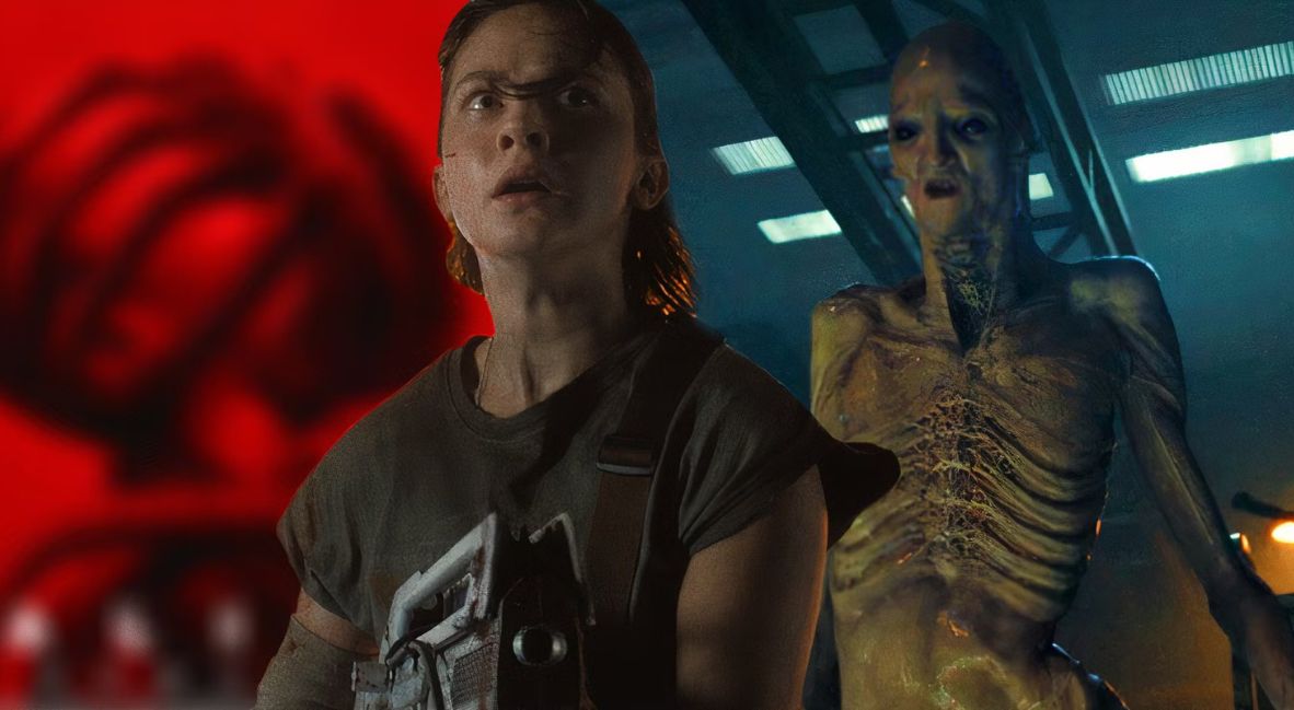 An image of Cailee Spaeny and a creature from Alien: Romulus 
